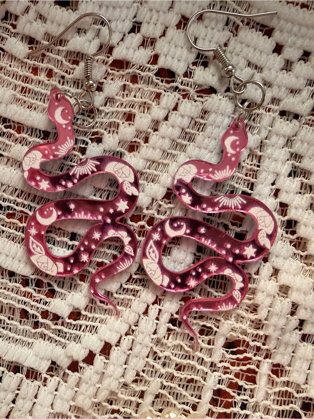 Pink Celestial Snake Dangle Earrings - Star & Moon Design